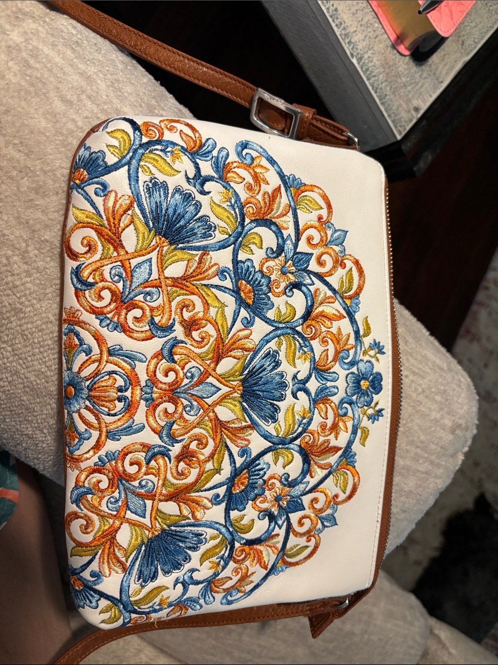 Brighton White Crossbody Bag with Blue & Orange Floral Motif embroidery.